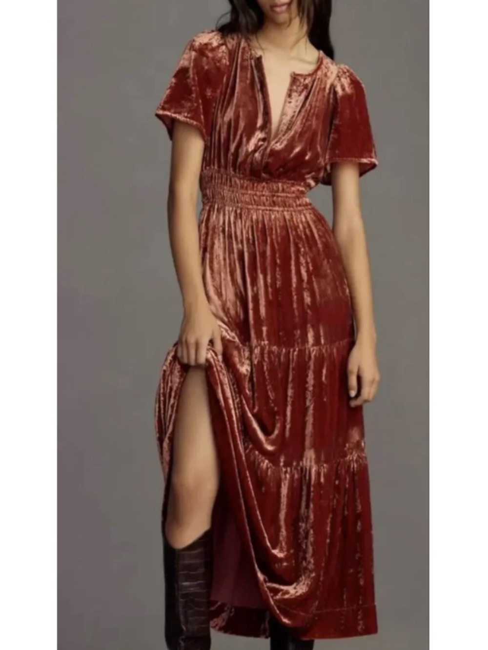 Anthropologie Rust Velvet Tiered Maxi Dress
